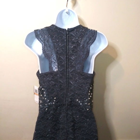 City Studio Pearl & Rhinestone Studded Sparkly Gray Lace Sheath Cocktail Dress - Picture 8 of 14